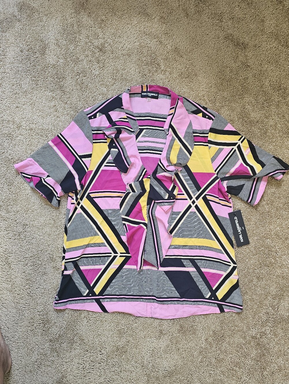 Karl Lagerfeld Pink, Yellow & Gray Geometric Ruffle-Front Blouse